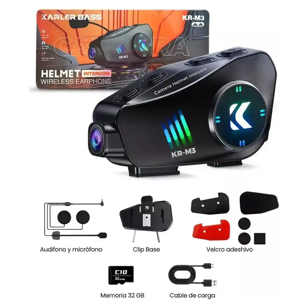 Intercomunicador Con Cámara Fhd Casco Bluetooth Wifi Kr-m3