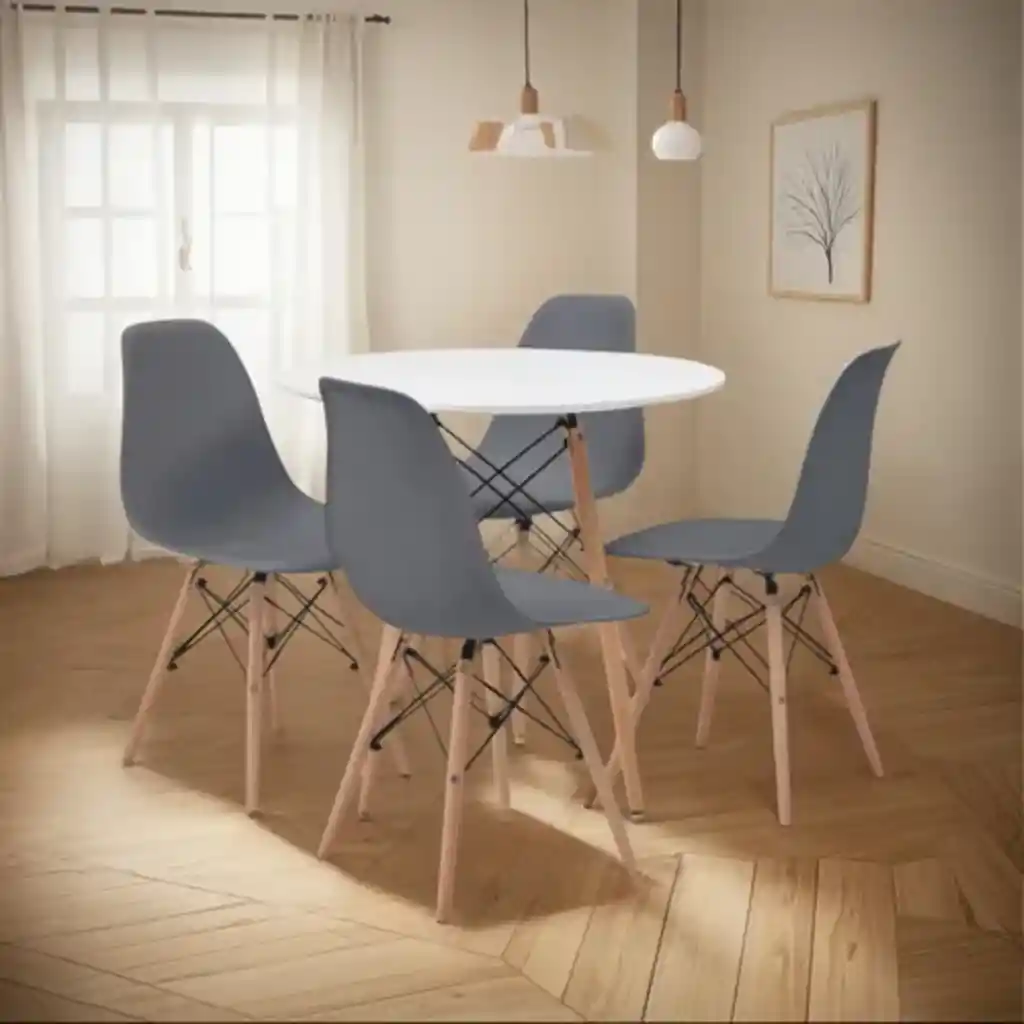 Kit Comedor Redondo +4 Sillas Zebbris Tipo Eames Blancas