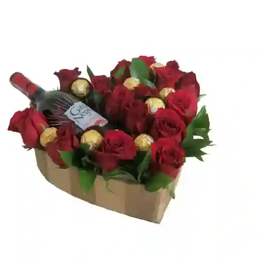 Rosas Rojas, Chocolate, Vino En Caja De Corazon
