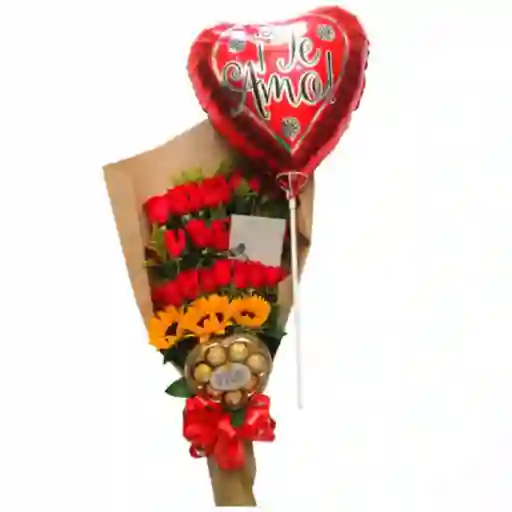 Girasoles, Rosas Rojas, Ferrero Rocher Y Globo En Bouquet
