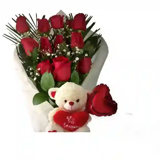 Rosas Rojas, Peluche Pequeño Y Globo En Bouquet