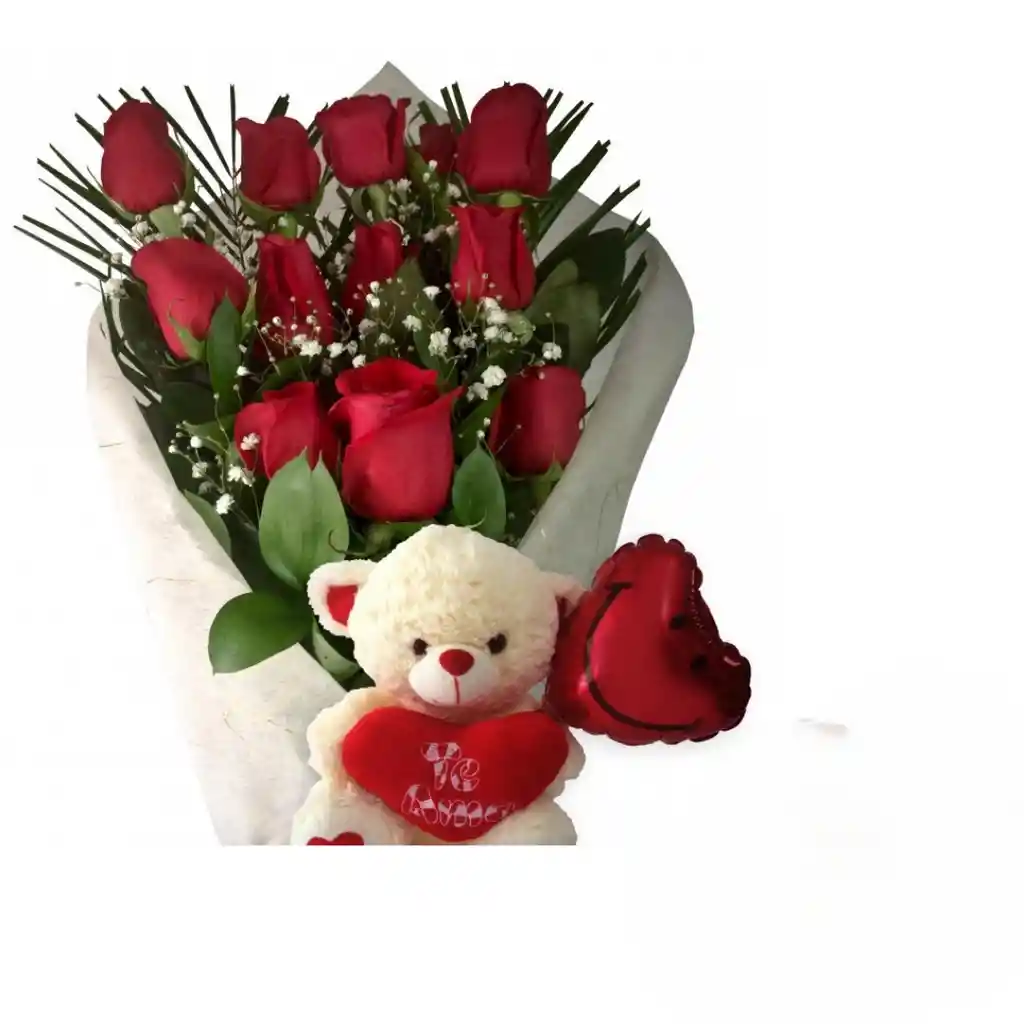 Rosas Rojas, Peluche Pequeño Y Globo En Bouquet