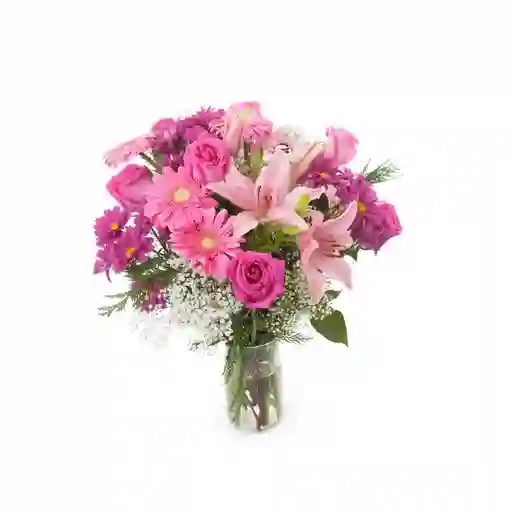 Rosas Fucsias, Lirio Rosado, Margarita Morada, Gerbera Fucsia En Jarron