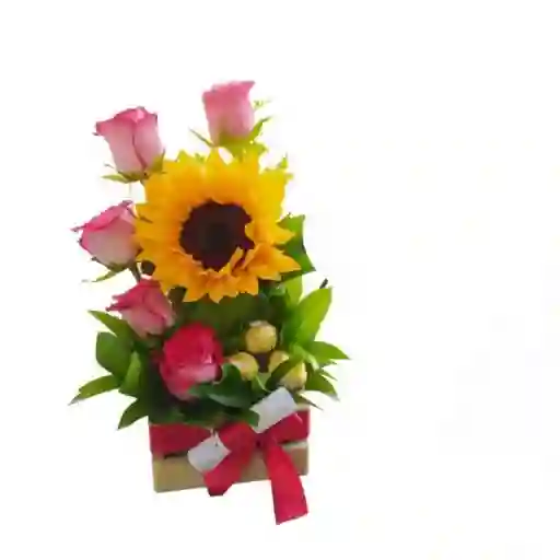 Rosas Rosadas, Girasol, Chocolate, Globo, En Base De Madera