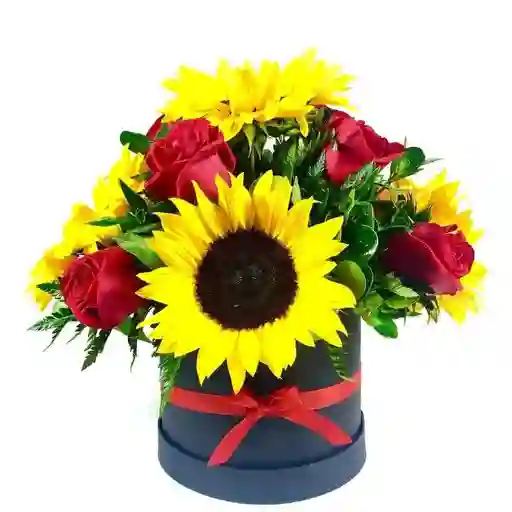 Caja De Girasoles Y Rosas