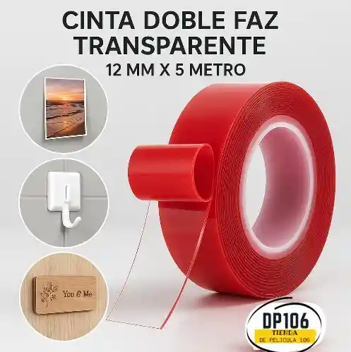 Cinta Doble Faz Transparente 12 Mm X 5 Metros