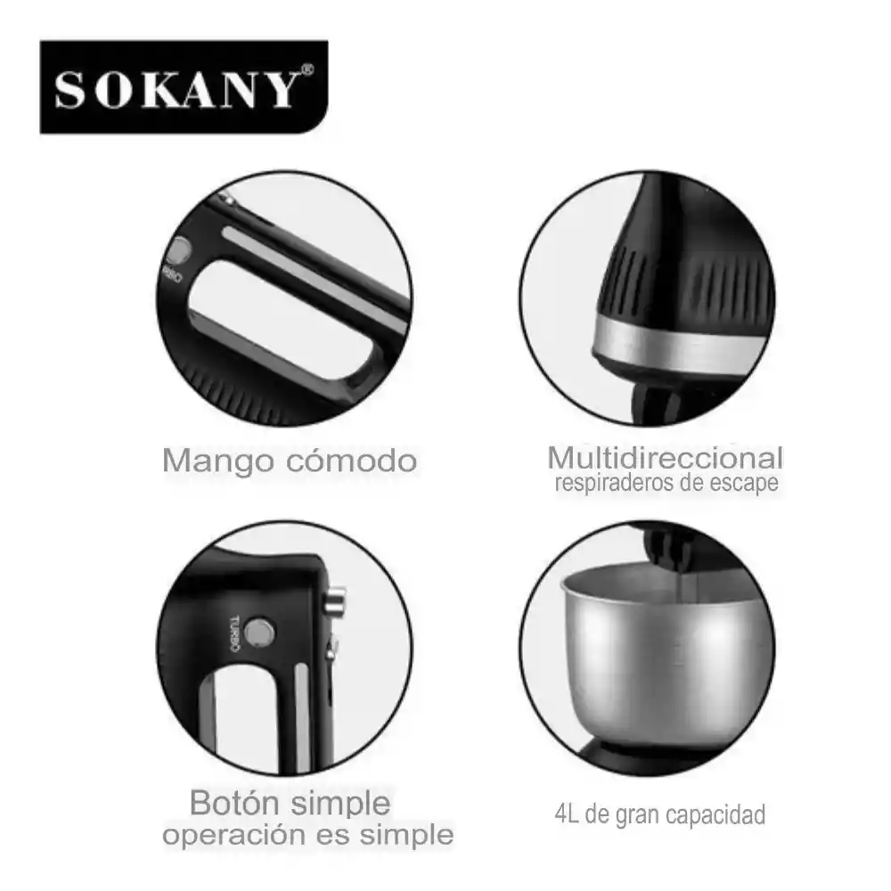 Batidora Eléctrica Sokany Acero Inoxidable 500 w 5 Velocidades 4.0 l