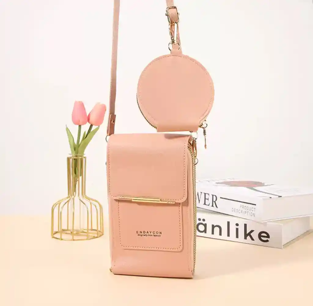 Bolso Billetera Porta Celular Visor Pantalla Táctil + Monedero - Rosa