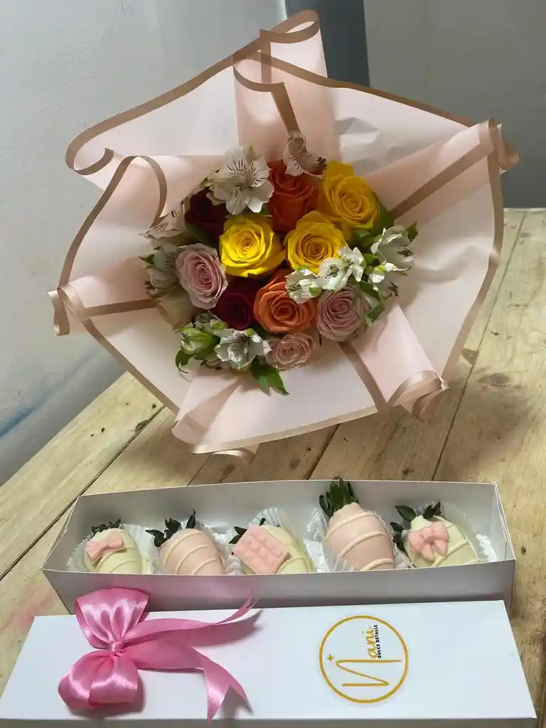 Combo Ramo De Flores Mas Caja De Fresas Con Chocolate