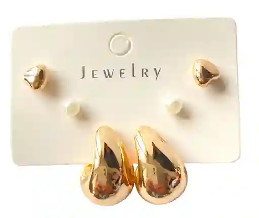 Set De Topo Gota, Perlita Y Corazon Mini Oro Rosa