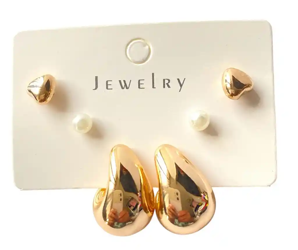 Set De Topo Gota, Perlita Y Corazon Mini Oro Rosa
