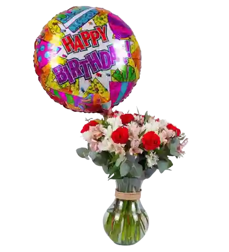 Rosas Rojas, Astromelias Margarita En Jarron Con Globo