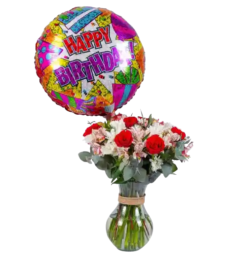 Rosas Rojas, Astromelias Margarita En Jarron Con Globo