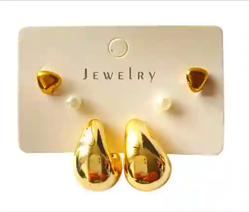 Set De Topo Gota, Perlita Y Corazon Mini Dorado
