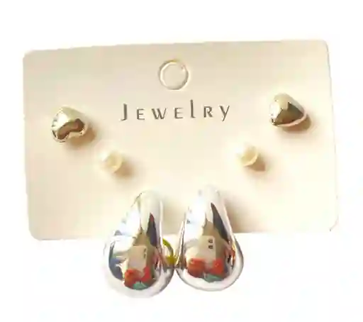 Set De Topo Gota, Perlita Y Corazon Mini Plateado