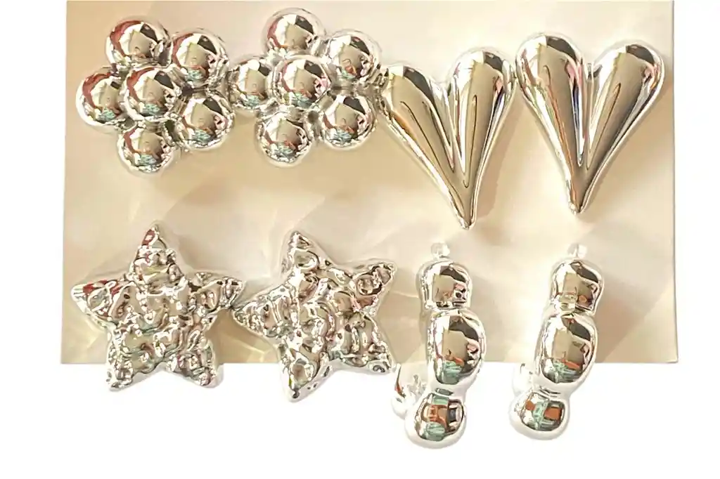 Set De 4 Topos Margarita Chunky, Corazon, Estrella Chunky Y Candonga Globito Plateada