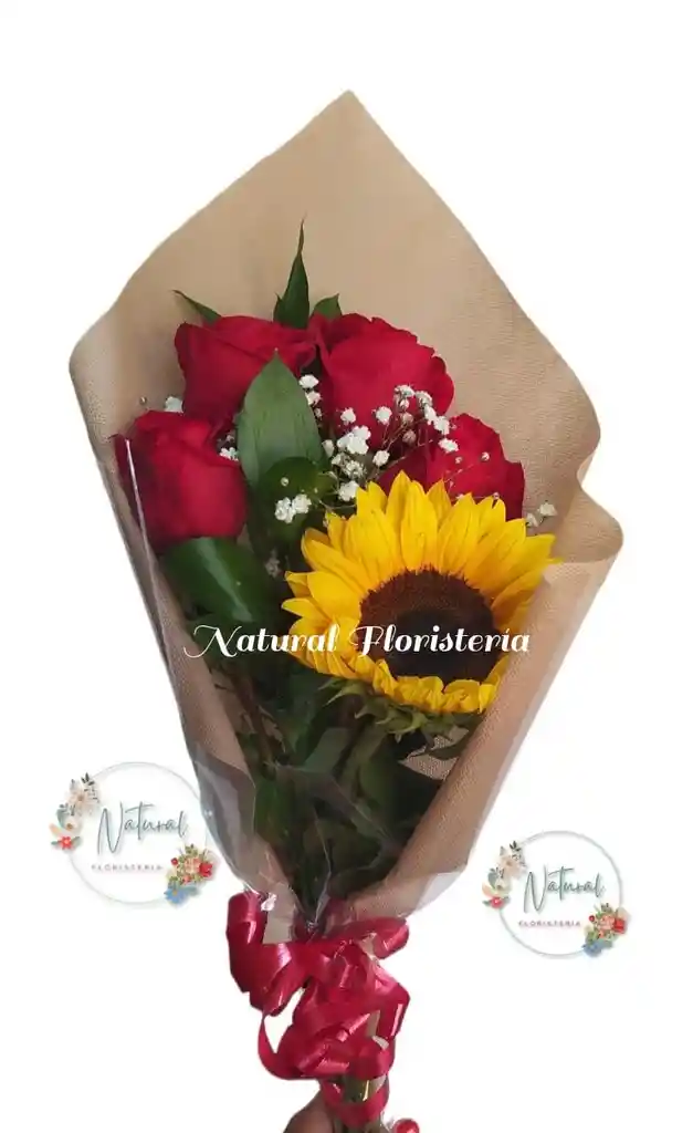 Bouquet De 4 Rosas Y Un Girasol