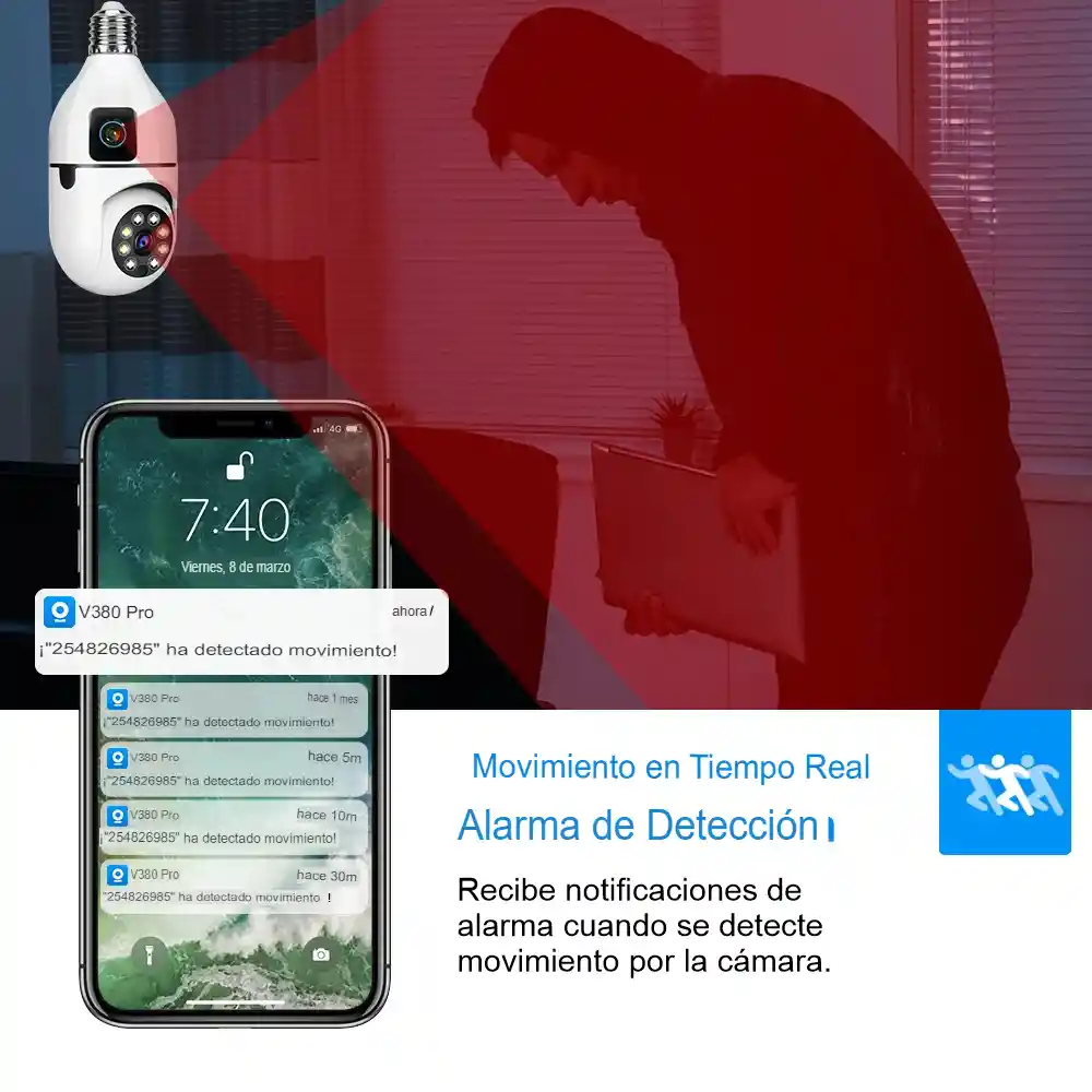 Cámara De Seguridad Bombillo Robot 2 Lentes Wifi 2.4 V380