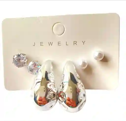 Set De 3 Topos Gota Grande Troquelada, Perlita Y Circona Plateado