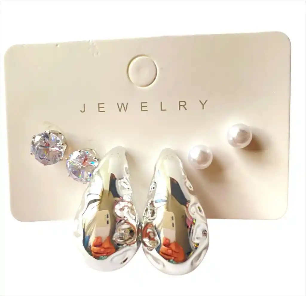 Set De 3 Topos Gota Grande Troquelada, Perlita Y Circona Plateado