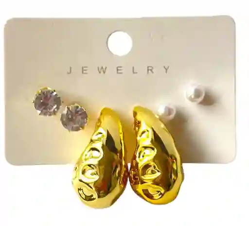 Set De 3 Topos Gota Grande Troquelada, Perlita Y Circona Dorada