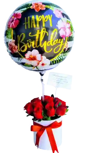 Caja De Rosas Rojas X12 Con Globo Feliz Cumpleaños
