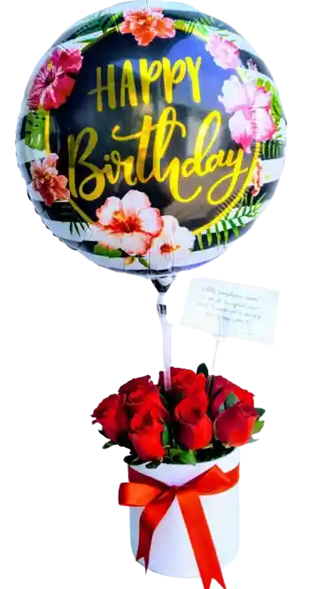 Caja De Rosas Rojas X12 Con Globo Feliz Cumpleaños