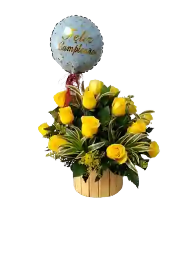 Rosas Amarillas En Caja Con Globo