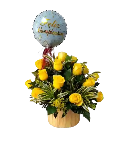 Rosas Amarillas En Caja Con Globo