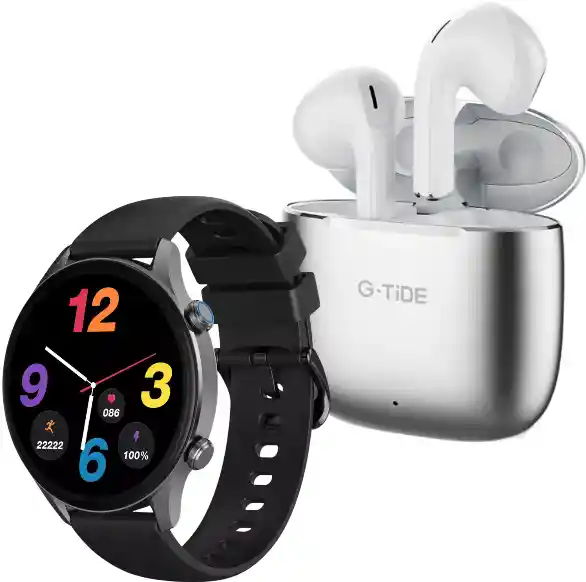 Combo Reloj G-tide Negro + Audífonos H11 Plateados