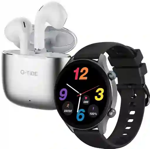 Combo Reloj G-tide Negro + Audífonos H11 Plateados