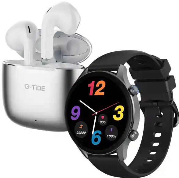 Combo Reloj G-tide Negro + Audífonos H11 Plateados