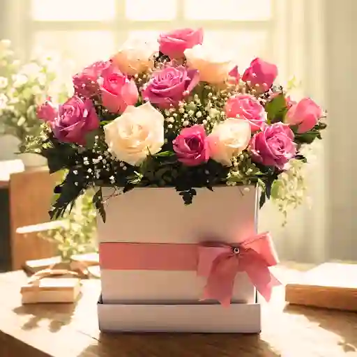 Caja De Rosas Blancas Rosadas