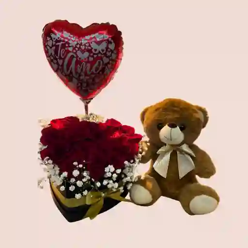 Corazón De Rosas + Oso De Peluche Mediano