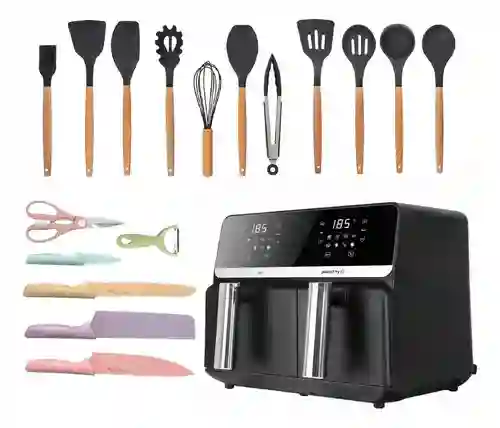 Freidora De Aire Nobelsound Air Fryer Doble Bandeja Con Utensilios Cuchillos Incluidos