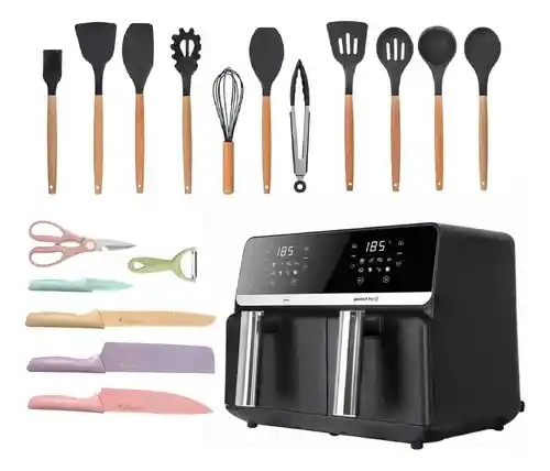 Freidora De Aire Nobelsound Air Fryer Doble Bandeja Con Utensilios Cuchillos Incluidos