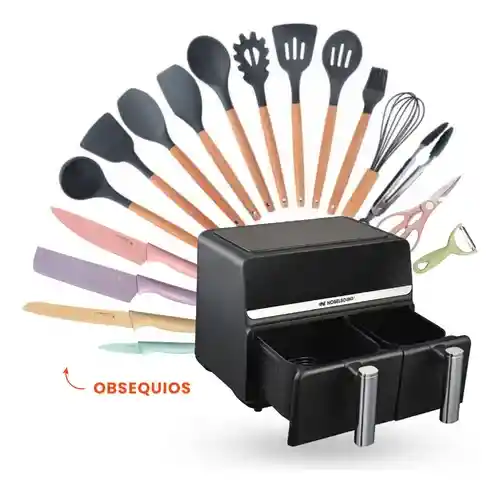 Freidora De Aire Nobelsound Air Fryer Doble Bandeja Con Utensilios Cuchillos Incluidos