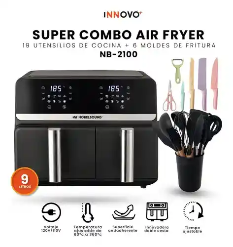 Freidora De Aire Nobelsound Air Fryer Doble Bandeja Con Utensilios Cuchillos Incluidos