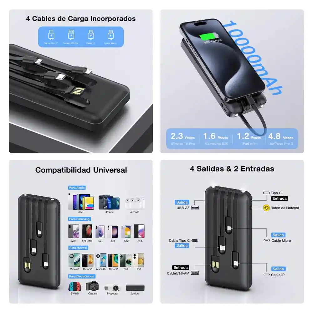 Powerbank Batería Portátil 10000mah 4 Cables 1hora Gar148