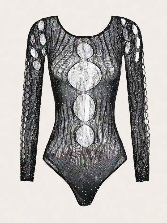 Lencería De Malla Brillante Para Mujer, Lencería Sexy De Malla Con Diamantes De Imitación,