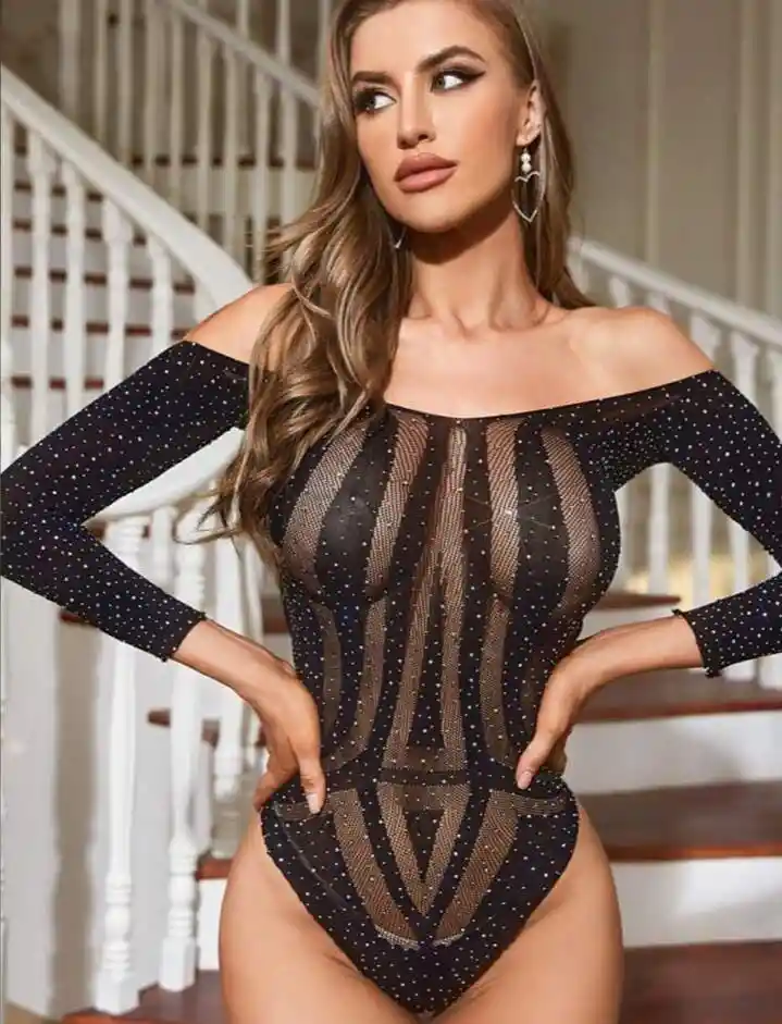 Lencería De Malla Brillante Para Mujer, Lencería Sexy De Malla Con Diamantes De Imitación,