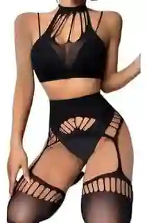 Lencería De Malla Brillante Para Mujer, Lencería Sexy De Malla Con Diamantes De Imitación,