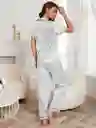 Pijama Dos Piezas En Satin Manga Corta Ribete En Contraste Talla M