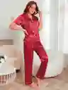 Pijama Dos Piezas En Satin Manga Corta Ribete En Contraste Talla M