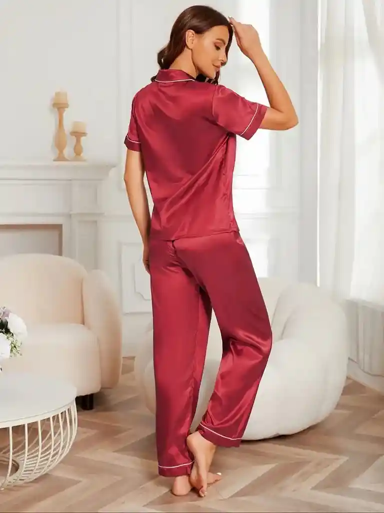 Pijama Dos Piezas En Satin Manga Corta Ribete En Contraste Talla M