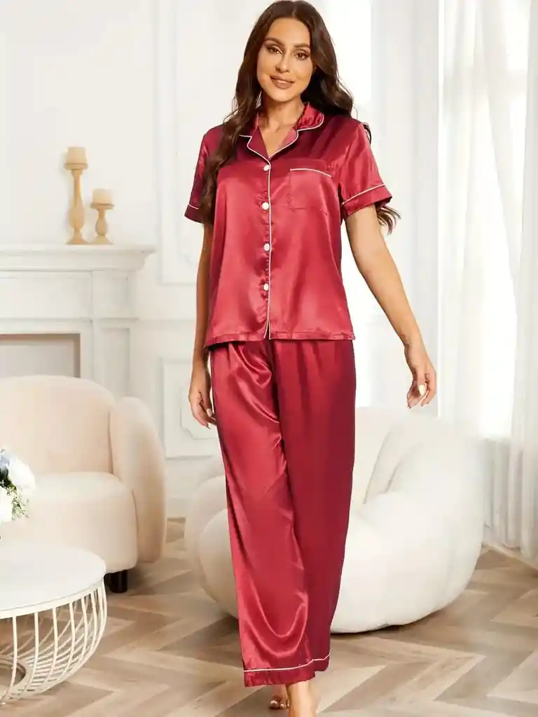 Pijama Dos Piezas En Satin Manga Corta Ribete En Contraste Talla M