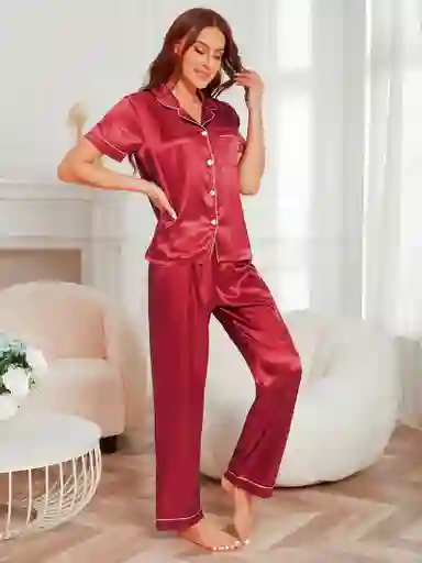 Pijama Dos Piezas En Satin Manga Corta Ribete En Contraste Talla L