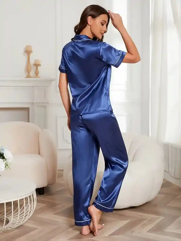 Pijama Dos Piezas En Satin Manga Corta Ribete En Contraste Talla S