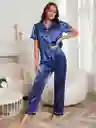 Pijama Dos Piezas En Satin Manga Corta Ribete En Contraste Talla S
