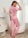 Pijama Dos Piezas En Satin Manga Corta Ribete En Contraste Talla L